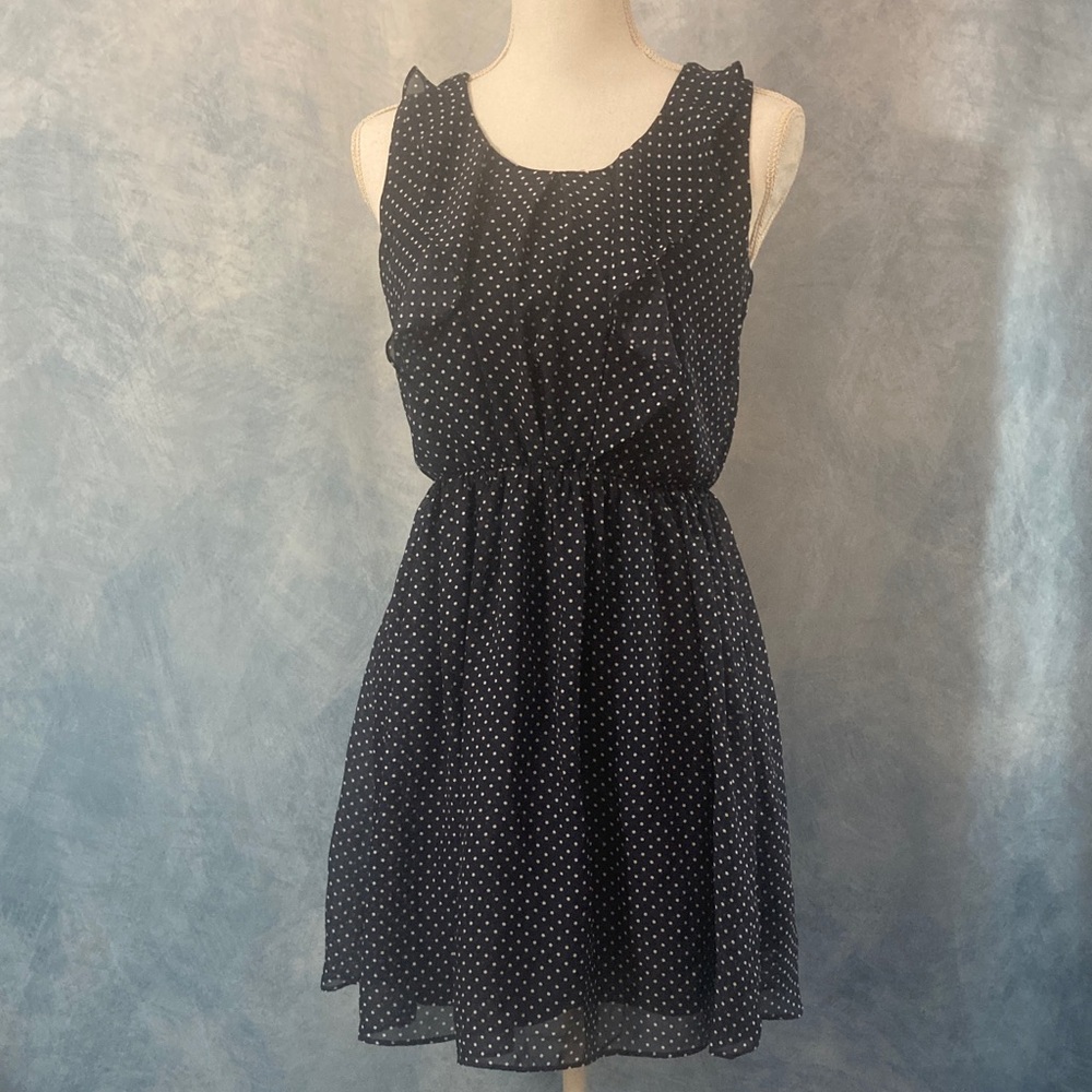 🍀2for$25🍀 XS Navy & White Dotted Flowy Dress W/ Lining Elastic Waist Sleeveless